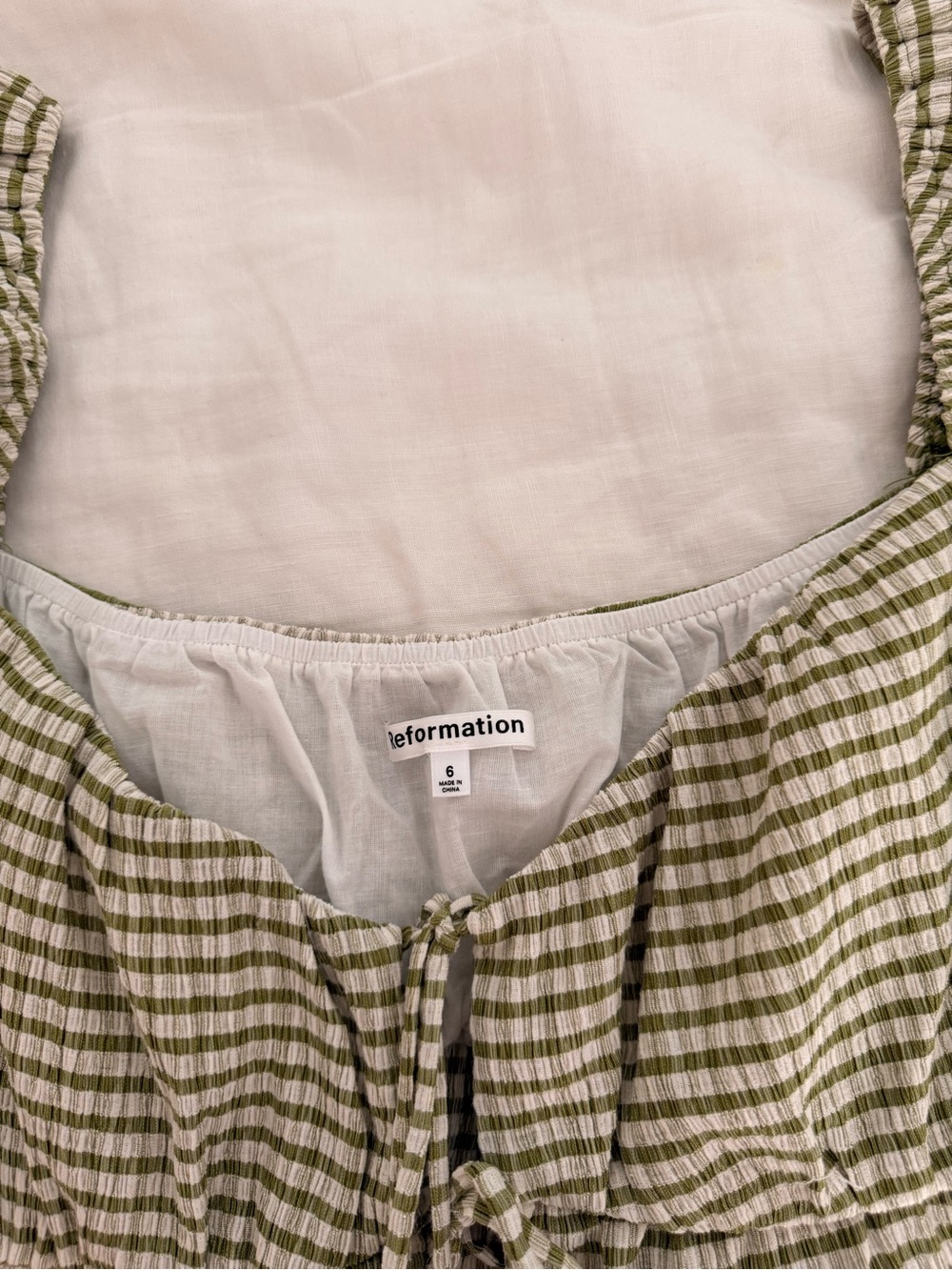 Reformation Olive Green Gingham Tie-Front Puff Sleeve Crop Top - Picture 6 of 6